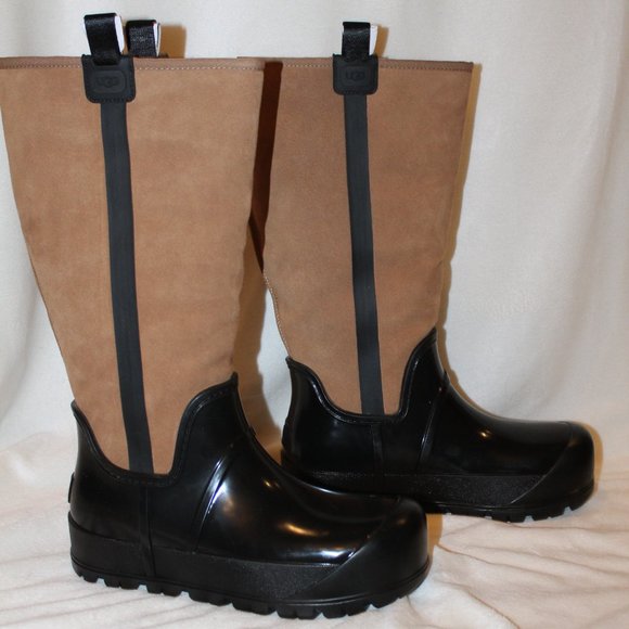 NIB‎ UGG WOMEN'S RAINCLOUD TALL SUEDE SHEARLING RAIN WINTER BOOTS CHESTNUT BLACK - Picture 1 of 9